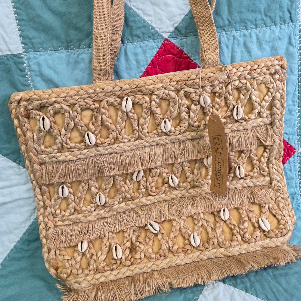 Salt‎ + Umber Tan Jute Cowrie Shell Fringe Tote Bag Boho Beachwear Cruise Purse